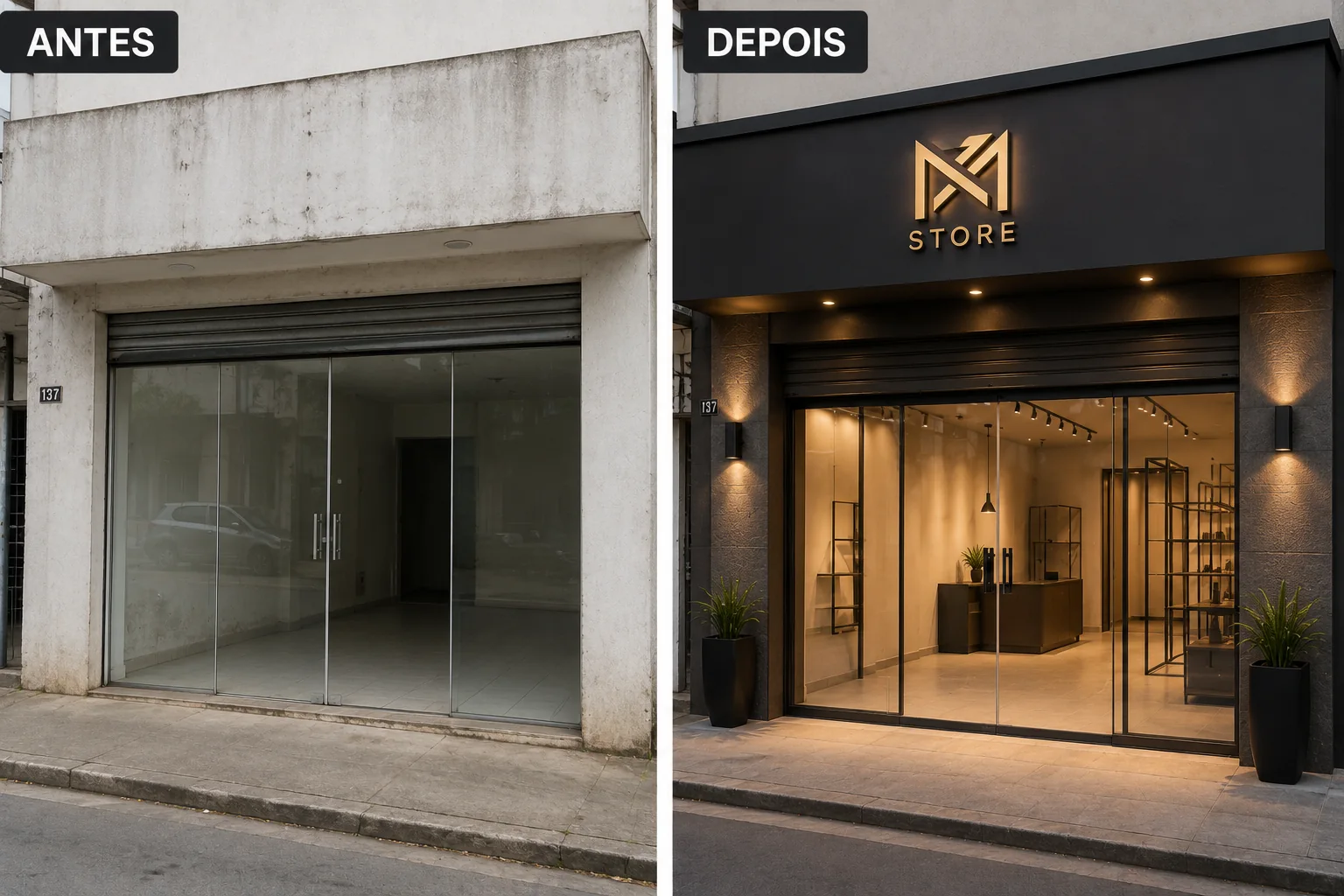 Antes e depois de fachada de loja